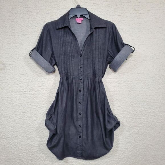She's Cool Black Chambray Shirt Dress size Lg Roll-Tab 3/4 Sleeve Roll-Tab Hem - Picture 1 of 15